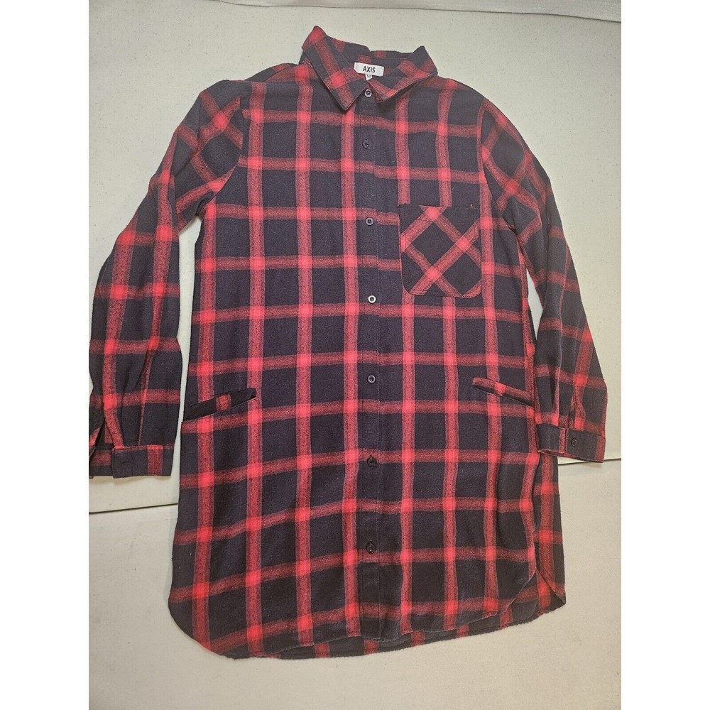 Axis Red Black Plaid Button Down Long Sleeve Dress Shirt Women Size Medium Tunic